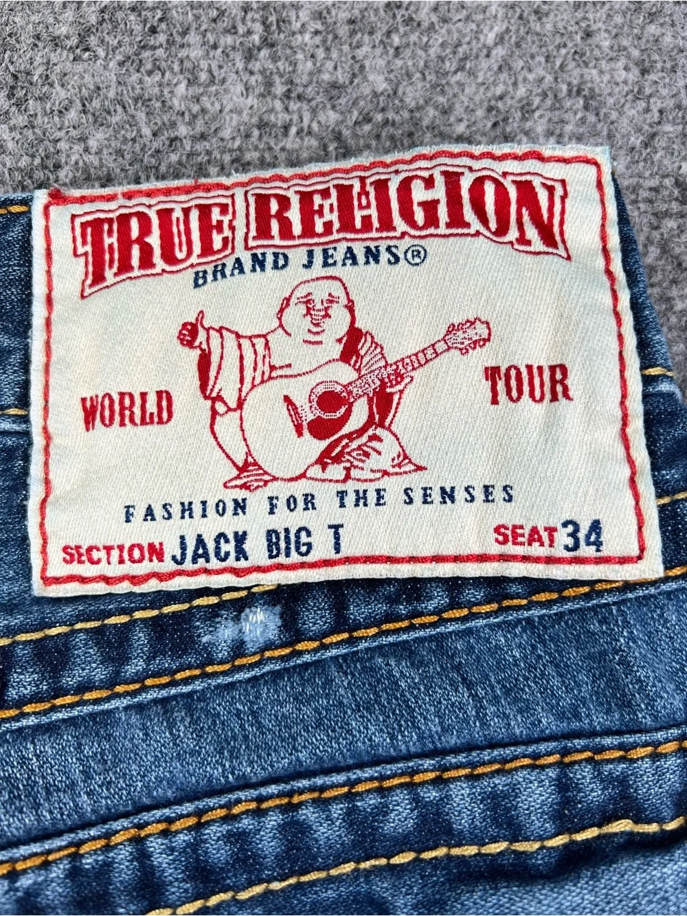 True Religion Dark Blue Denim Jeans with Yellow Contrast Stitching